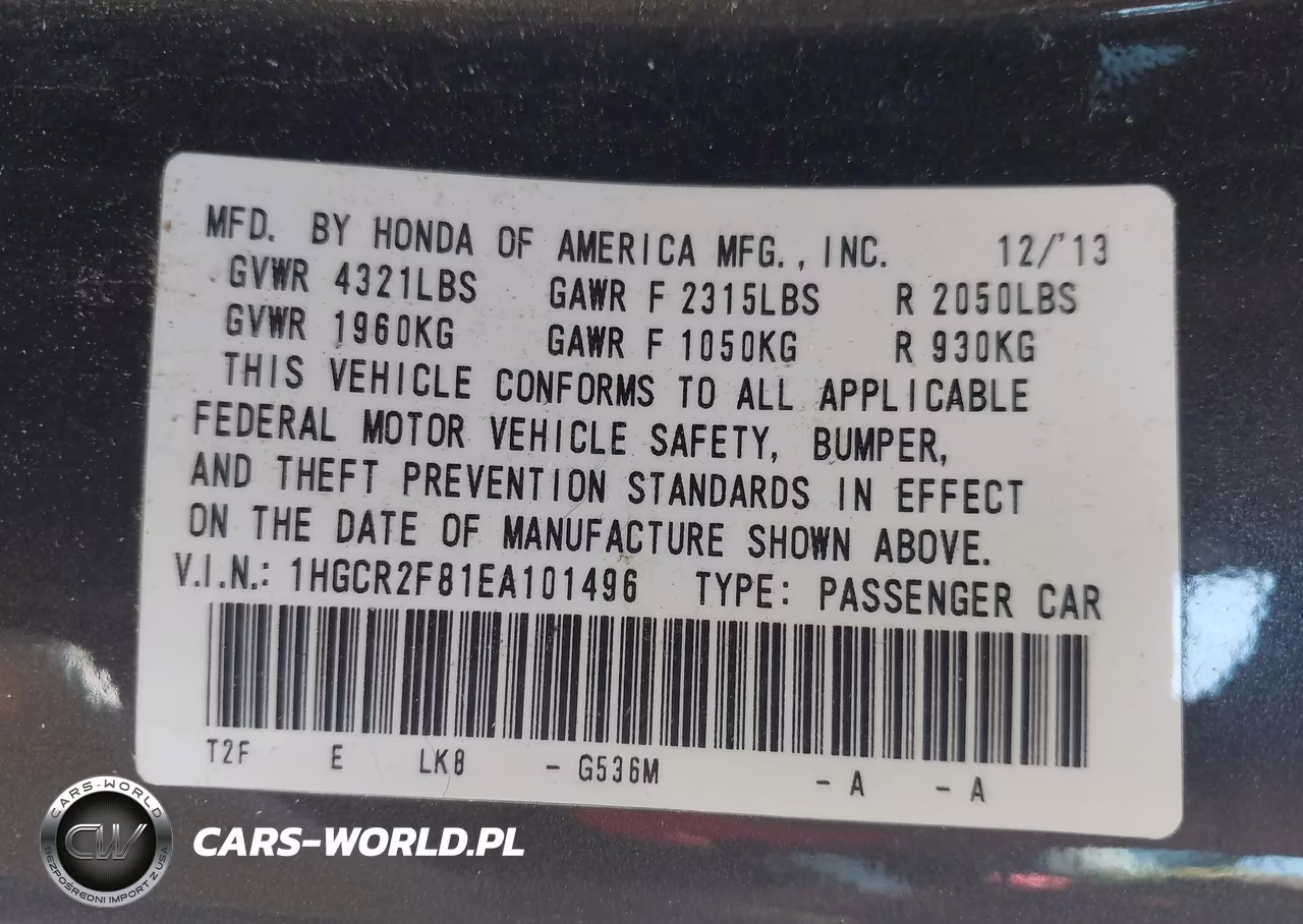 2014 Honda Accord Ex-L VIN:1HGCR2F81EA101496 - 9