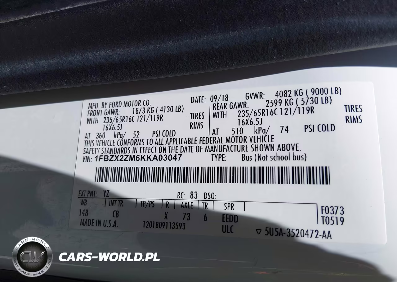 2019 Ford Transit-350 Xl VIN:1FBZX2ZM6KKA03047 - 9