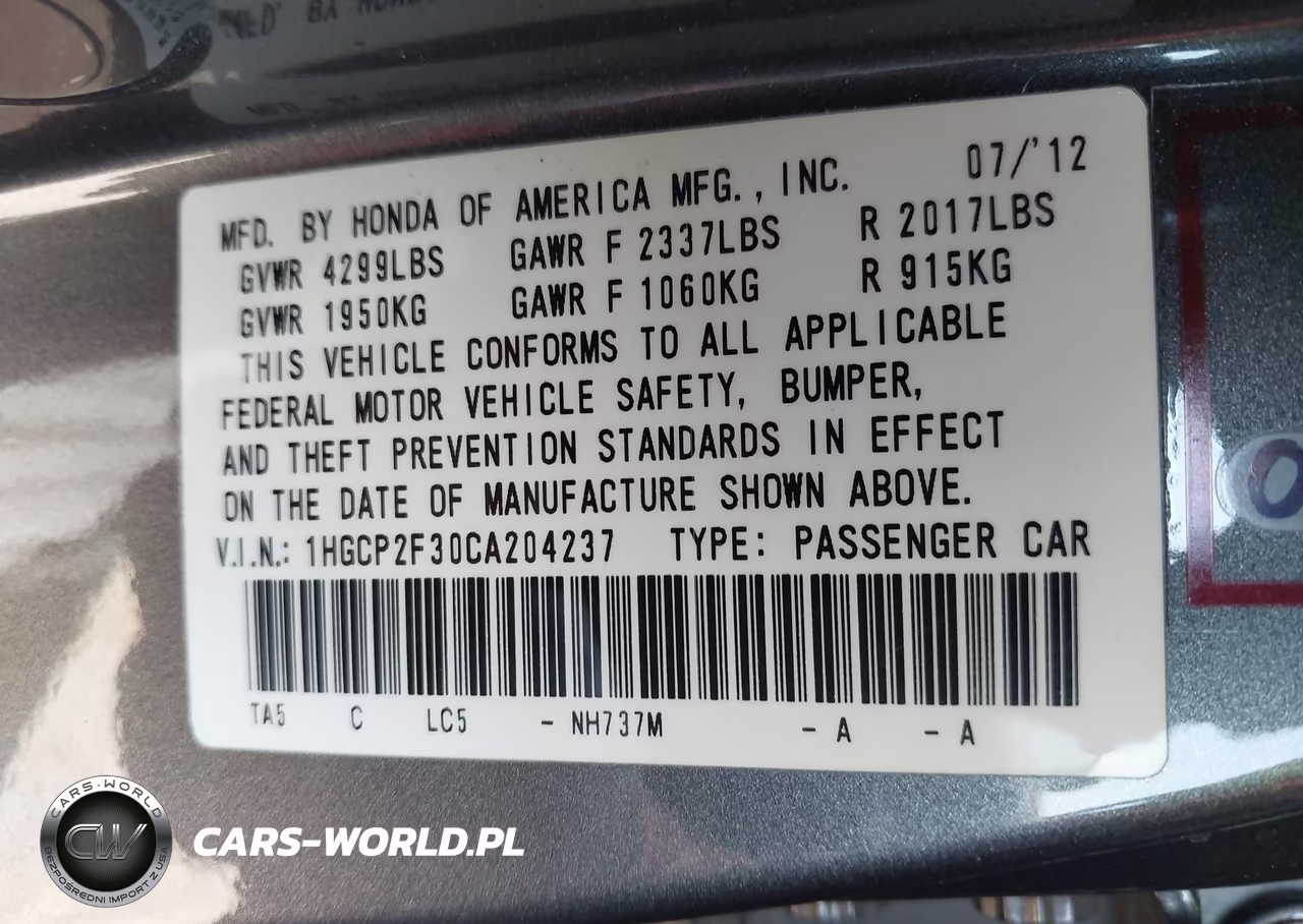 2012 Honda Accord Sdn Lx VIN:1HGCP2F30CA204237 - 9