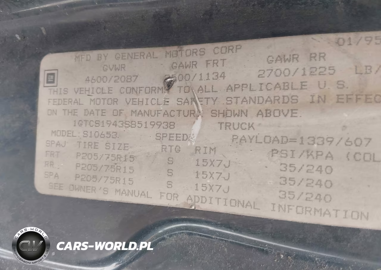 1995 GMC Sonoma VIN:1GTCS1943S8519938 - 9