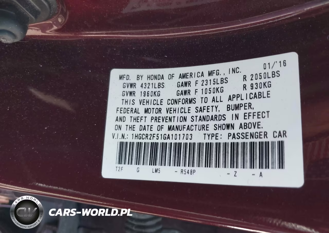 2016 Honda Accord Sport VIN:1HGCR2F51GA101703 - 9
