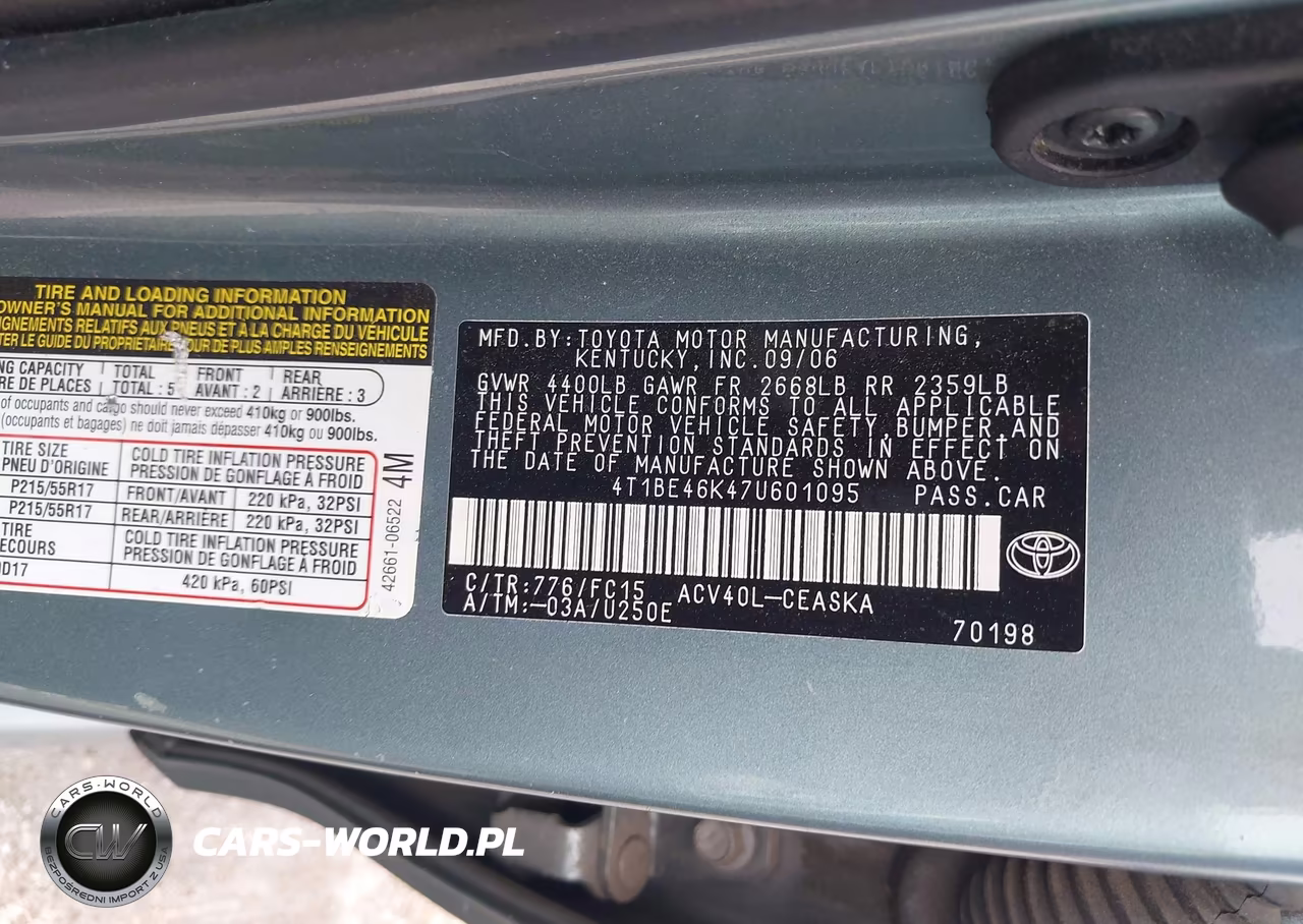 2007 Toyota Camry Se VIN:4T1BE46K47U601095 - 9