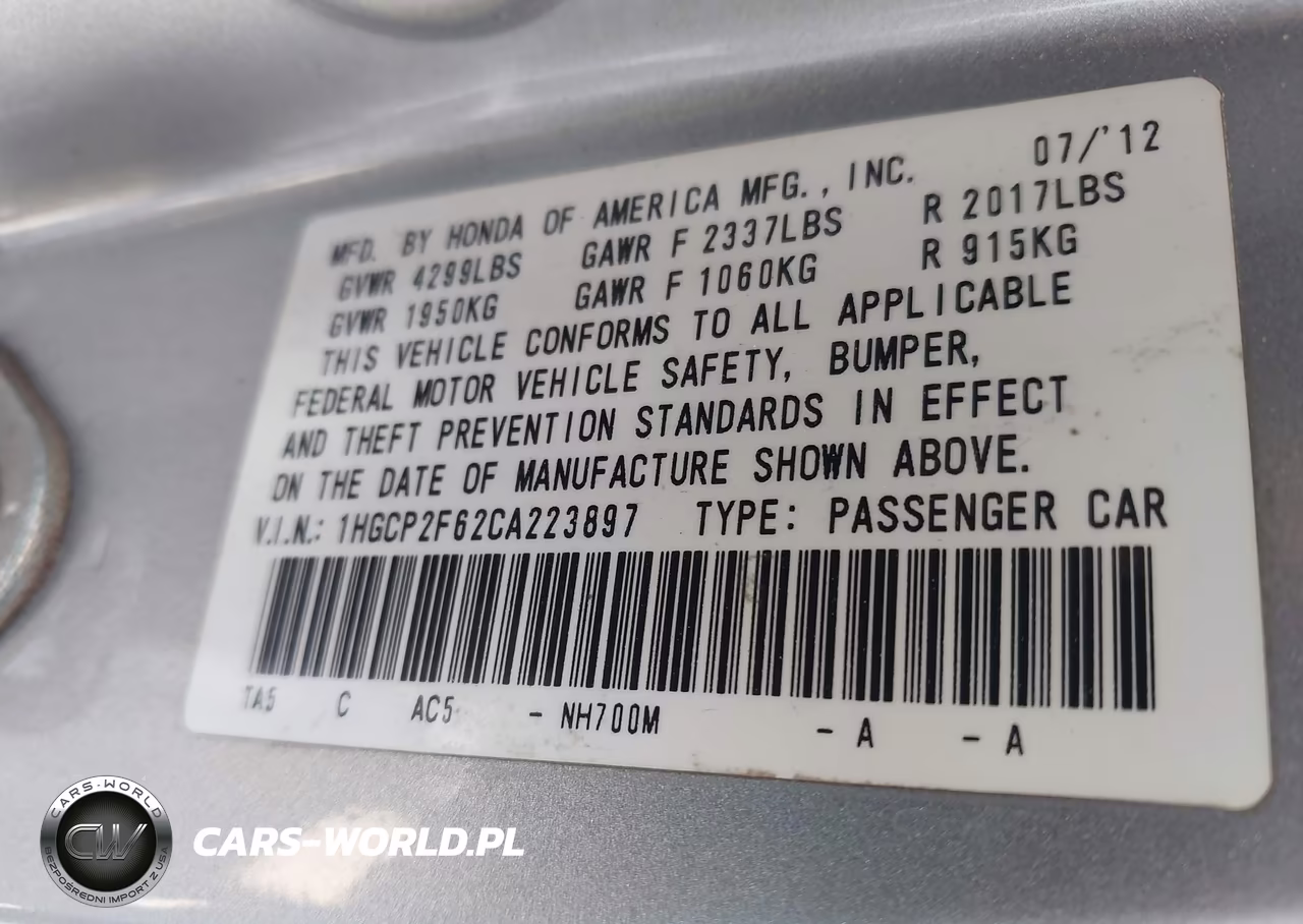 2012 Honda Accord 2.4 Se VIN:1HGCP2F62CA223897 - 9
