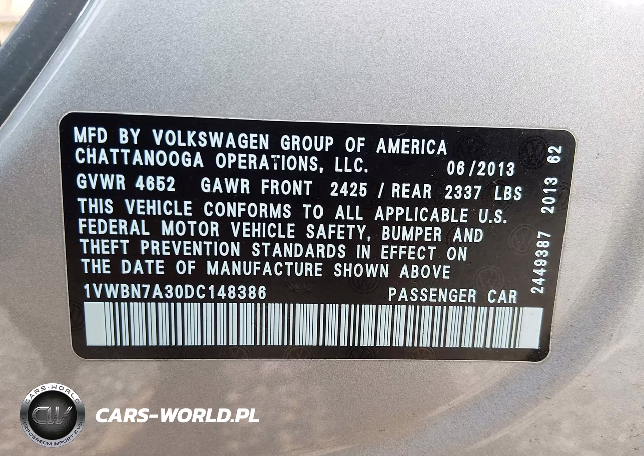 2013 Volkswagen Passat 2.0L Tdi Se VIN:1VWBN7A30DC148386 - 9
