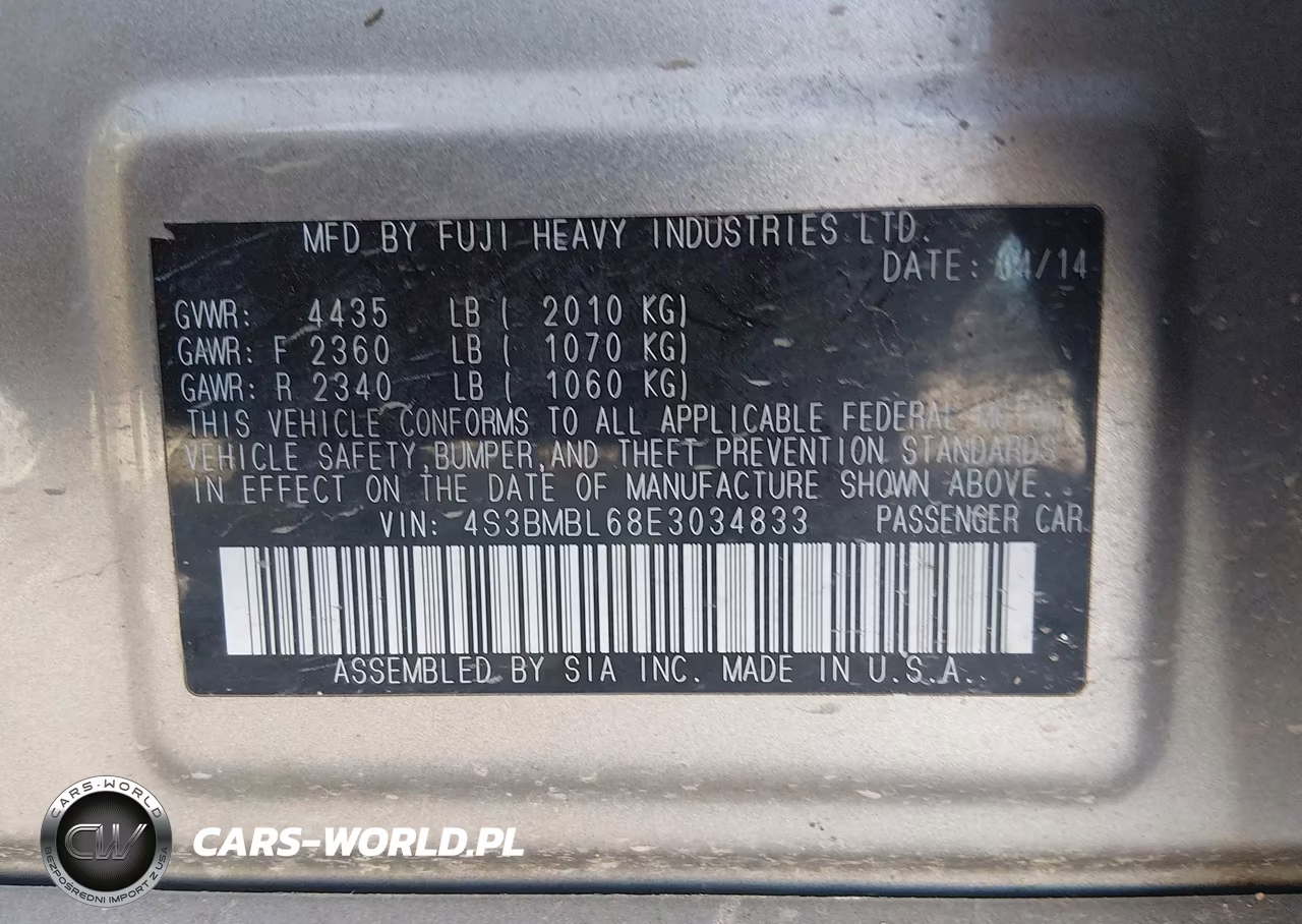 2014 Subaru Legacy 2.5I Limited VIN:4S3BMBL68E3034833 - 9