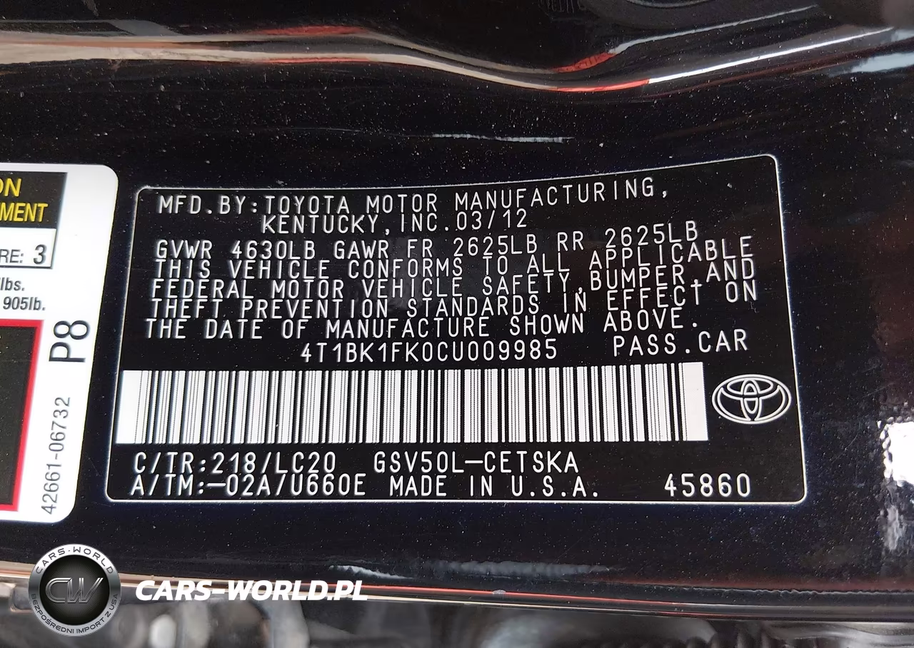 2012 Toyota Camry Se V6 VIN:4T1BK1FK0CU009985 - 9