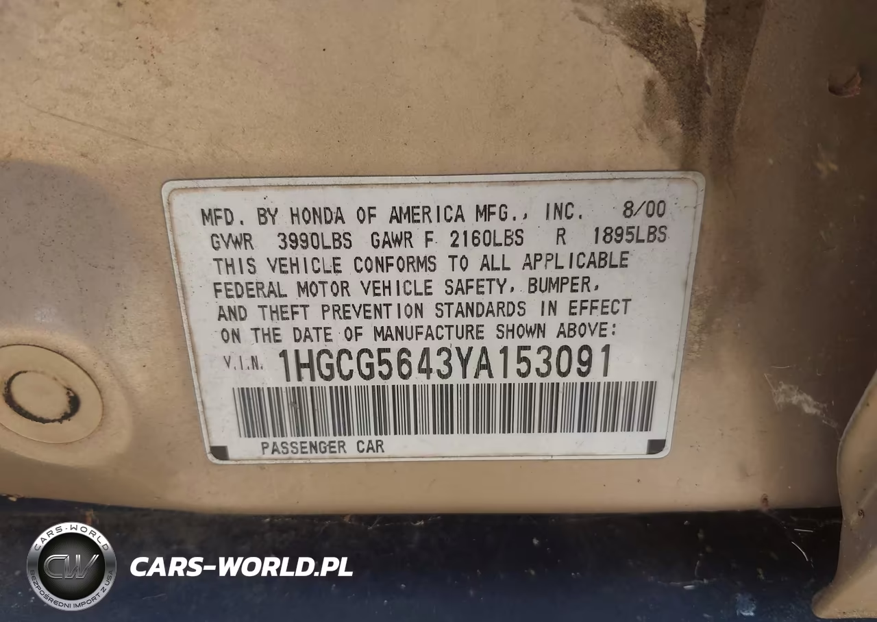 2000 Honda Accord 2.3 Lx VIN:1HGCG5643YA153091 - 9