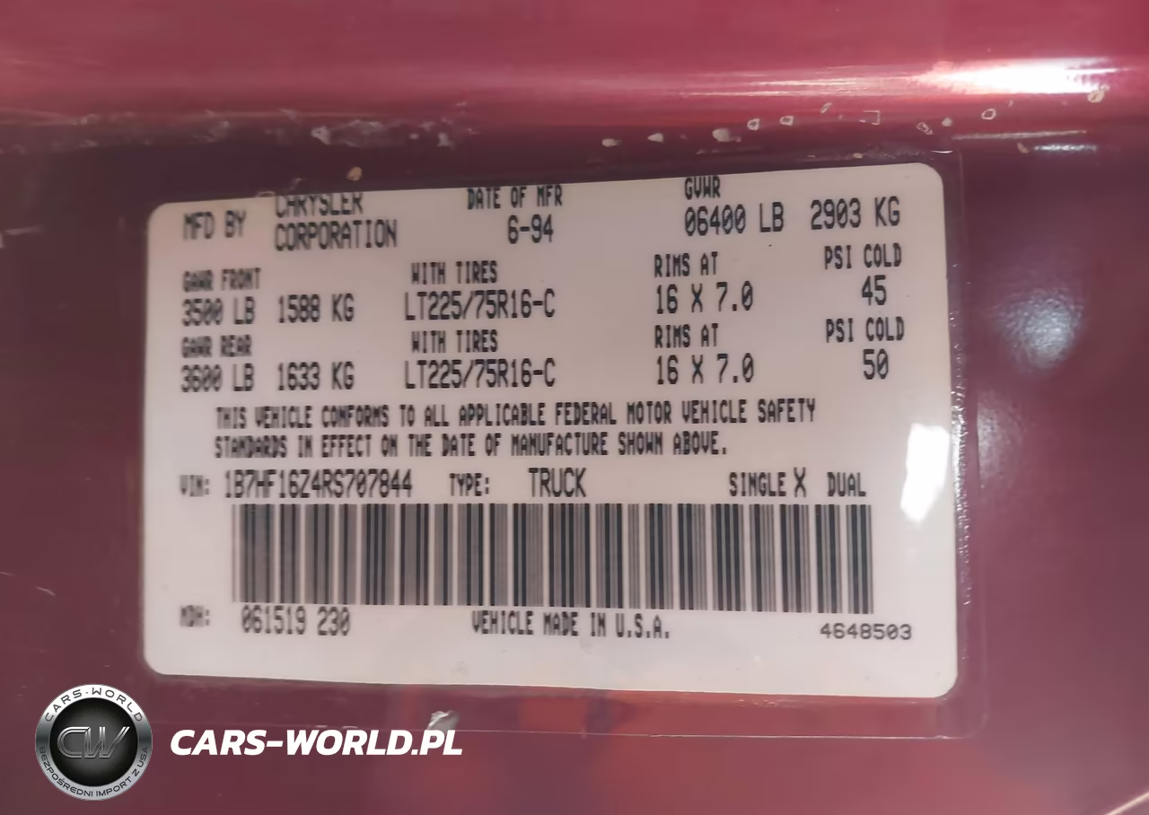 1994 Dodge Ram 1500 VIN:1B7HF16Z4RS707844 - 9