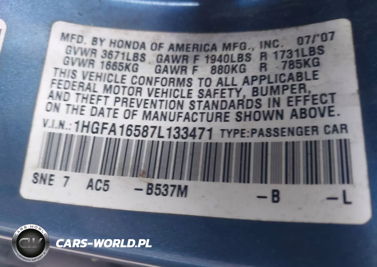 2007 Honda Civic Lx VIN:1HGFA16587L133471 - 9