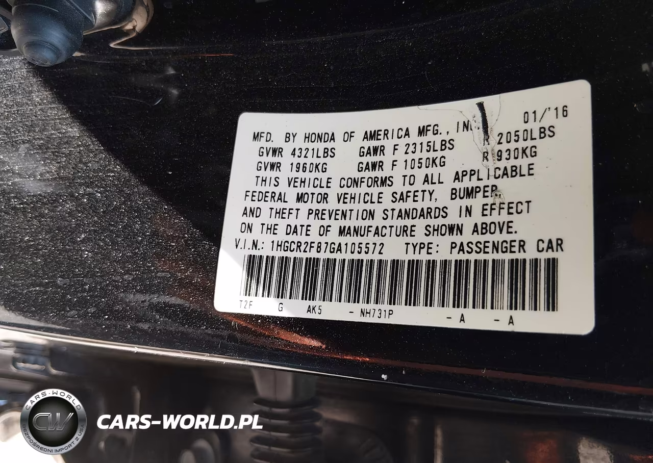 2016 Honda Accord Ex-L VIN:1HGCR2F87GA105572 - 9