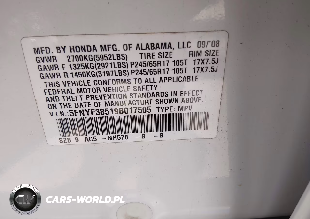 2009 Honda Pilot Ex-L VIN:5FNYF38519B017505 - 9