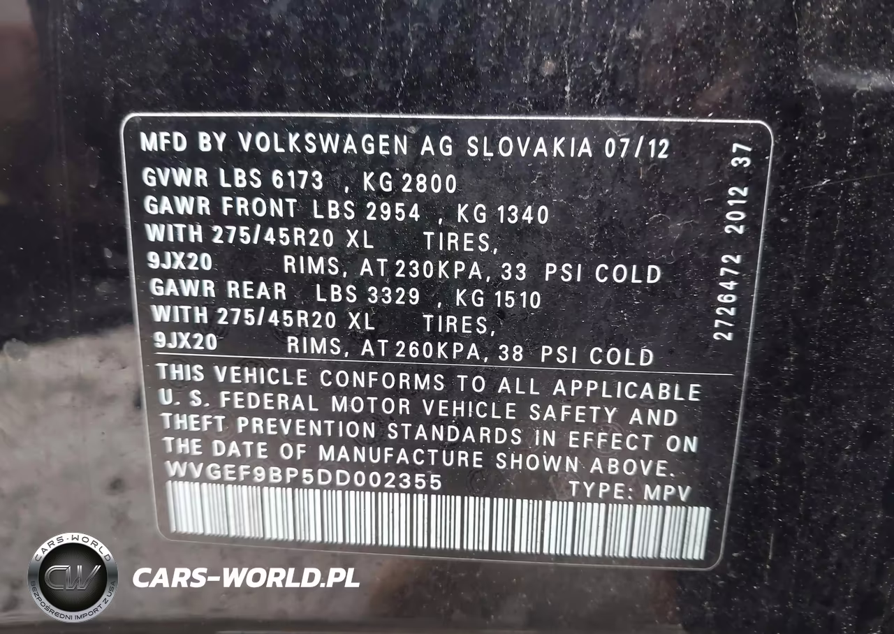 2013 Volkswagen Touareg Vr6 Executive VIN:WVGEF9BP5DD002355 - 9