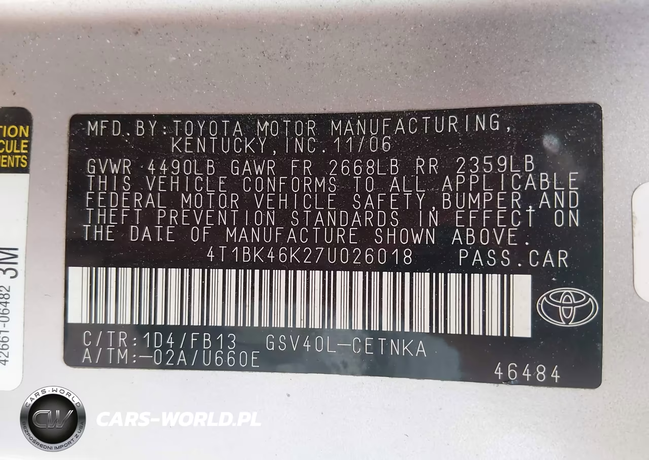 2007 Toyota Camry Le V6 VIN:4T1BK46K27U026018 - 9