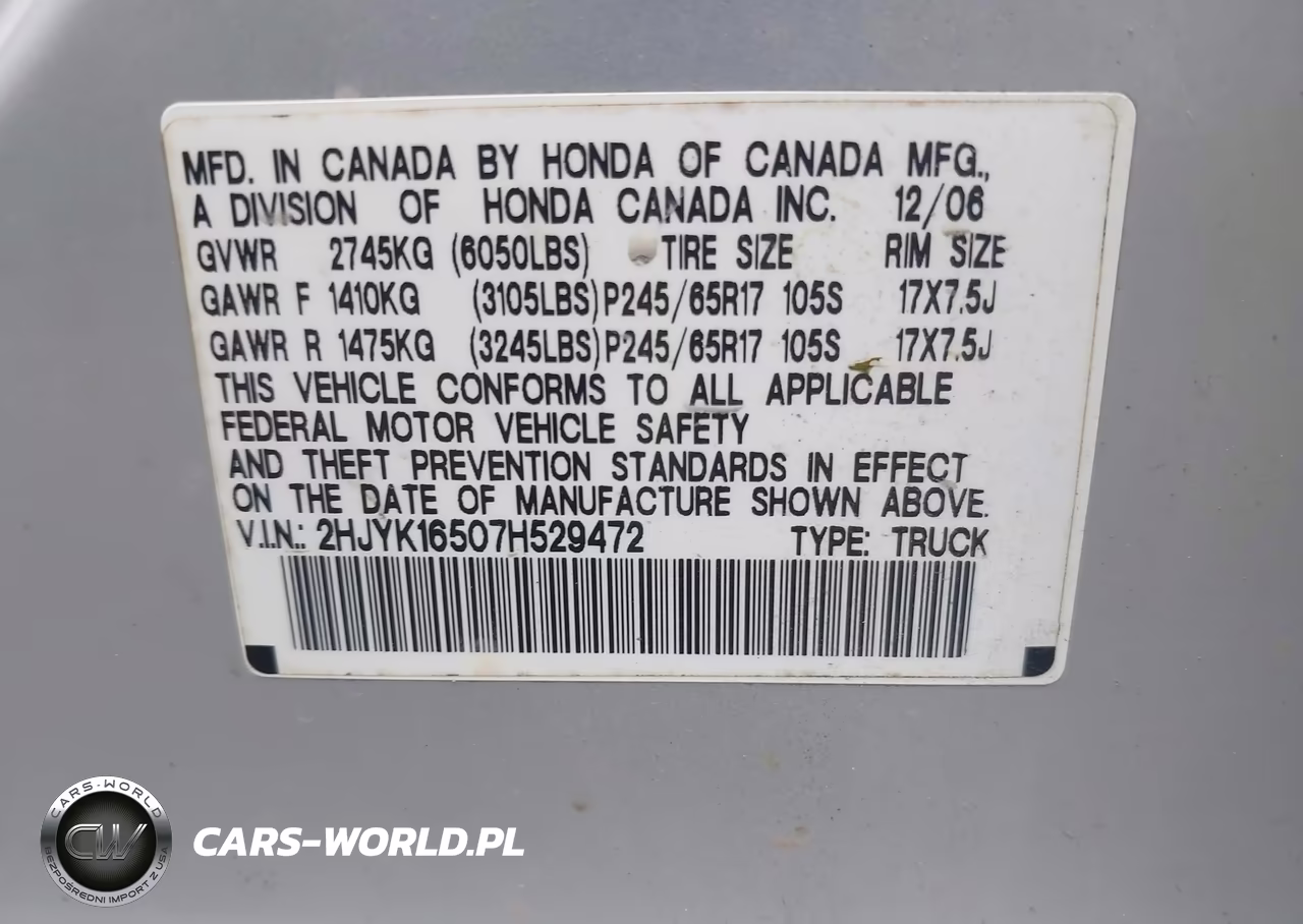 2007 Honda Ridgeline Rtl VIN:2HJYK16507H529472 - 9