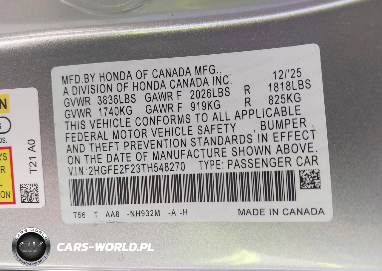 2026 Honda Civic Lx VIN:2HGFE2F23TH548270 - 9