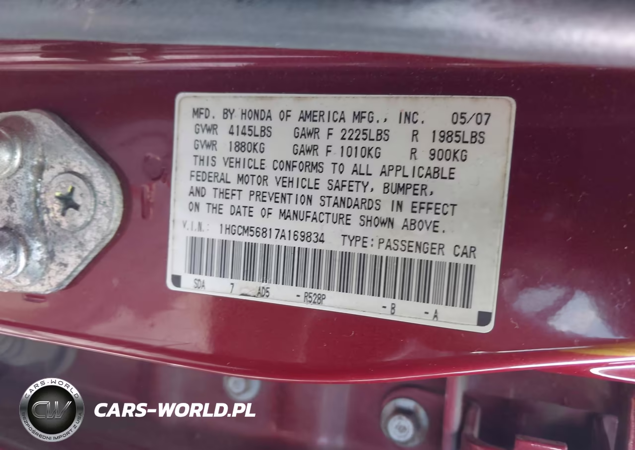 2007 Honda Accord 2.4 Ex VIN:1HGCM56817A169834 - 9