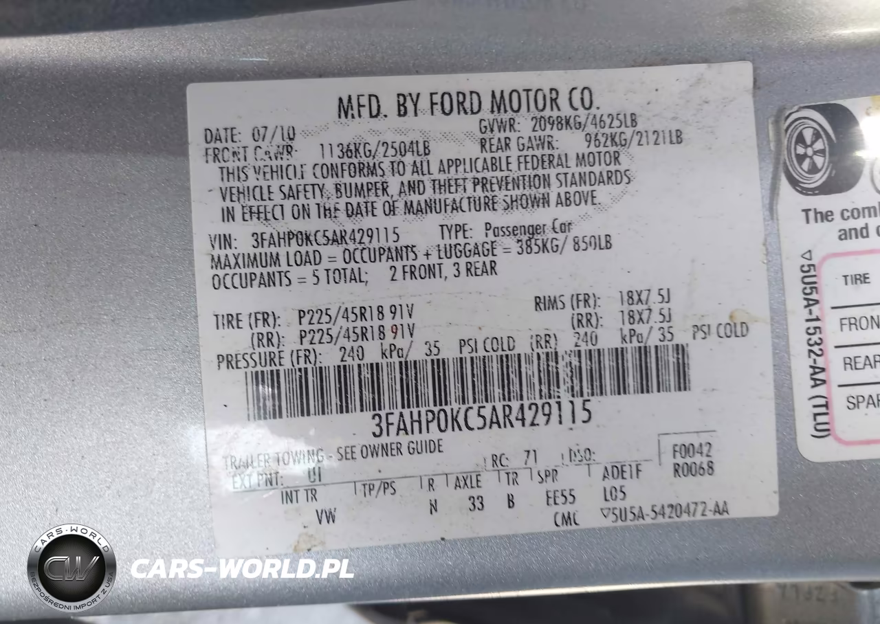 2010 Ford Fusion Sport VIN:3FAHP0KC5AR429115 - 9