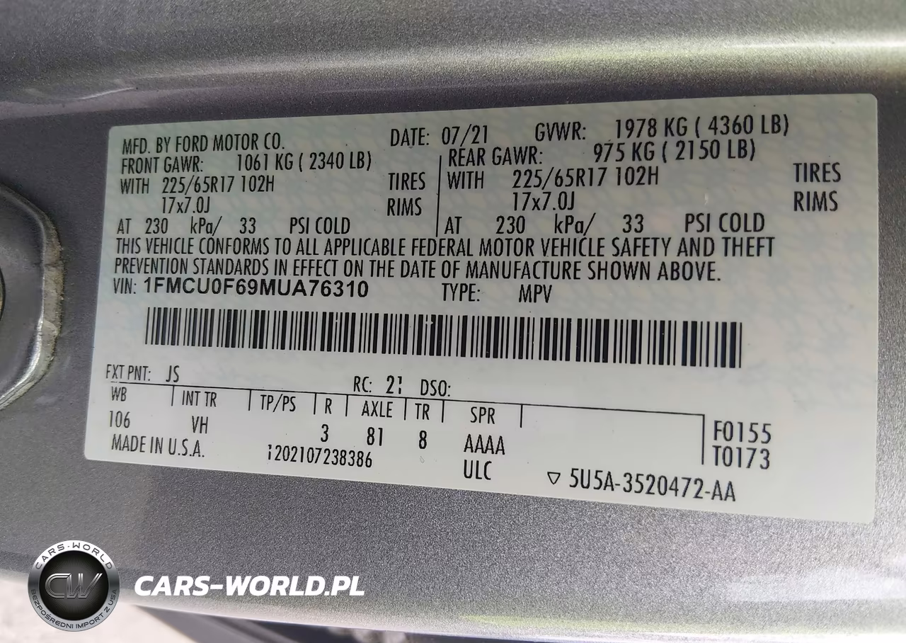2021 Ford Escape S VIN:1FMCU0F69MUA76310 - 9