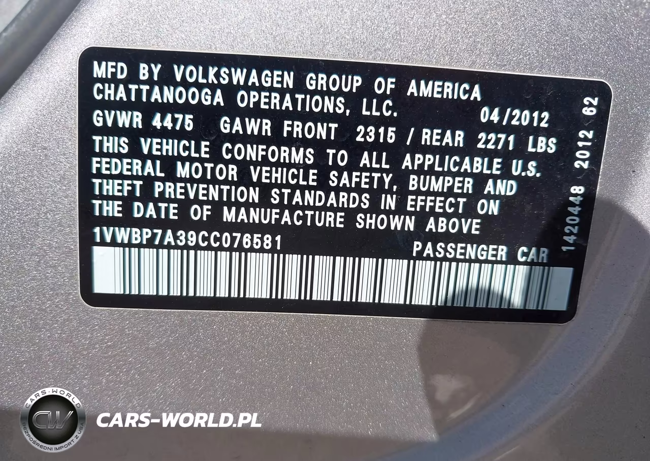 2012 Volkswagen Passat 2.5L Se VIN:1VWBP7A39CC076581 - 9