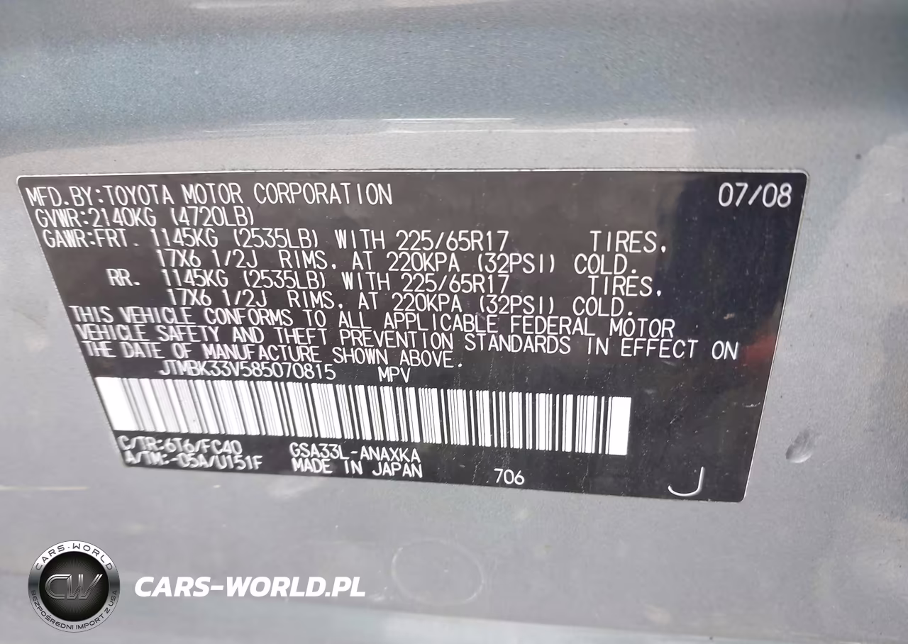 2008 Toyota Rav4 Base V6 VIN:JTMBK33V585070815 - 9