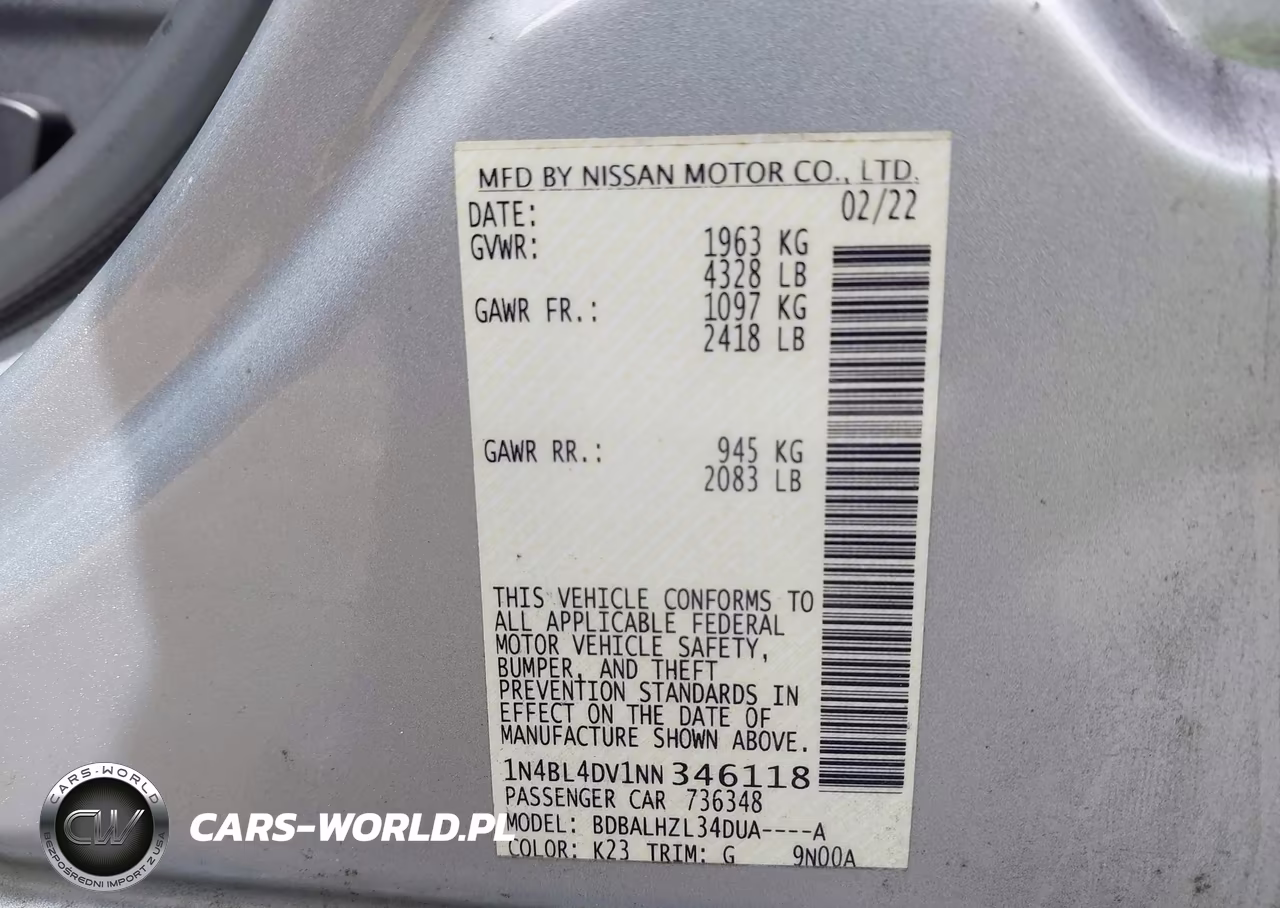 2022 Nissan Altima Sv Fwd VIN:1N4BL4DV1NN346118 - 9