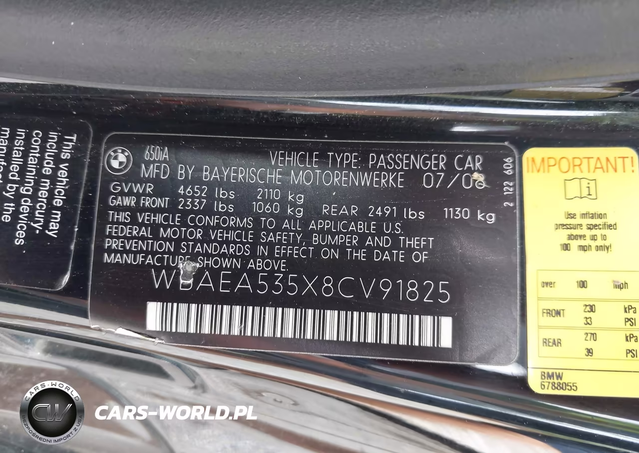 2008 BMW 650I VIN:WBAEA535X8CV91825 - 9