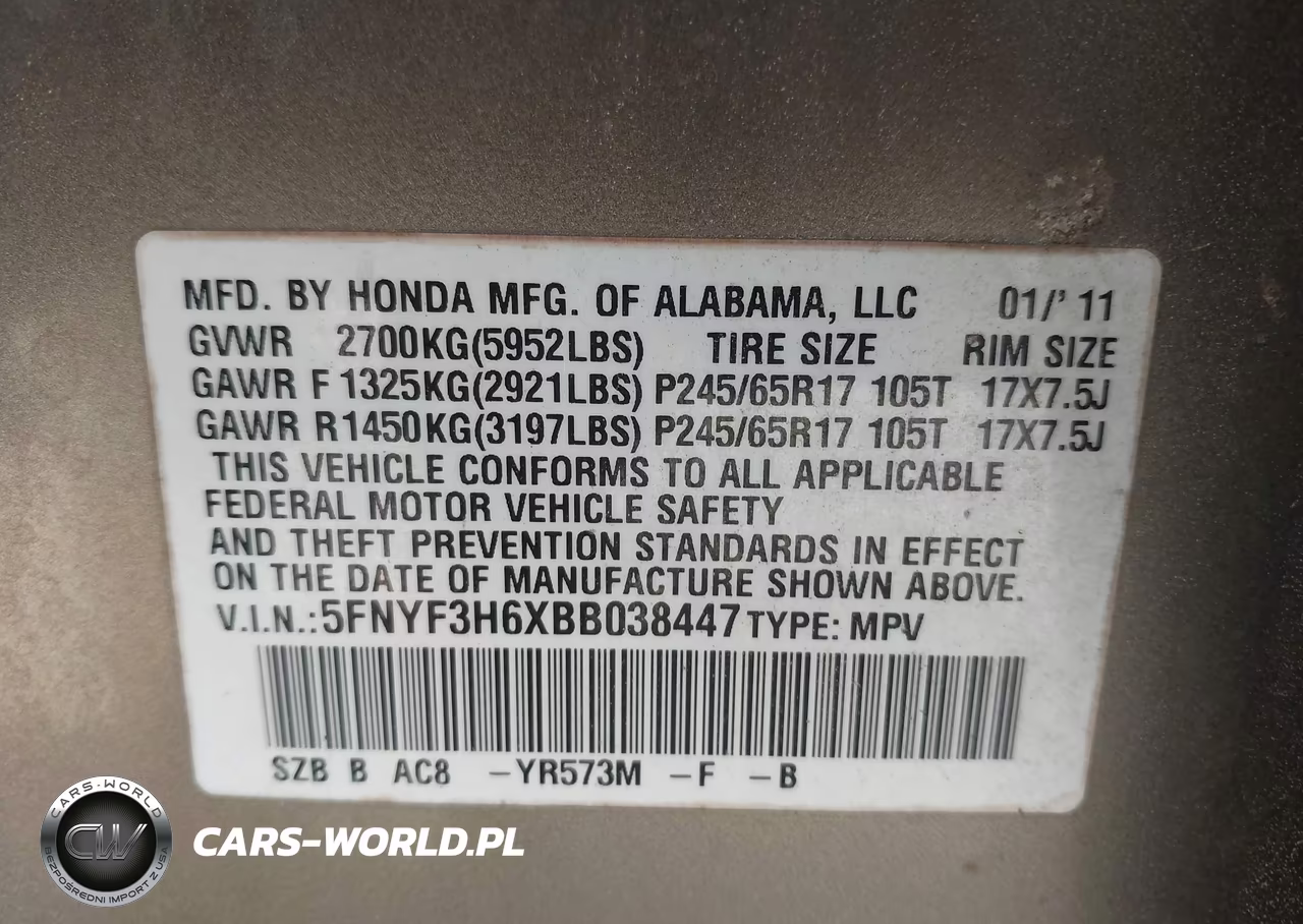 2011 Honda Pilot Ex-L VIN:5FNYF3H6XBB038447 - 9