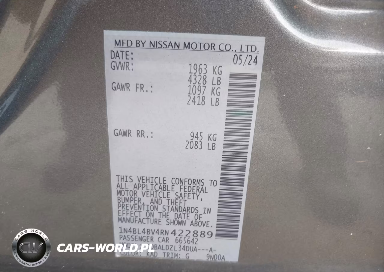 2024 Nissan Altima S Fwd VIN:1N4BL4BV4RN422889 - 9