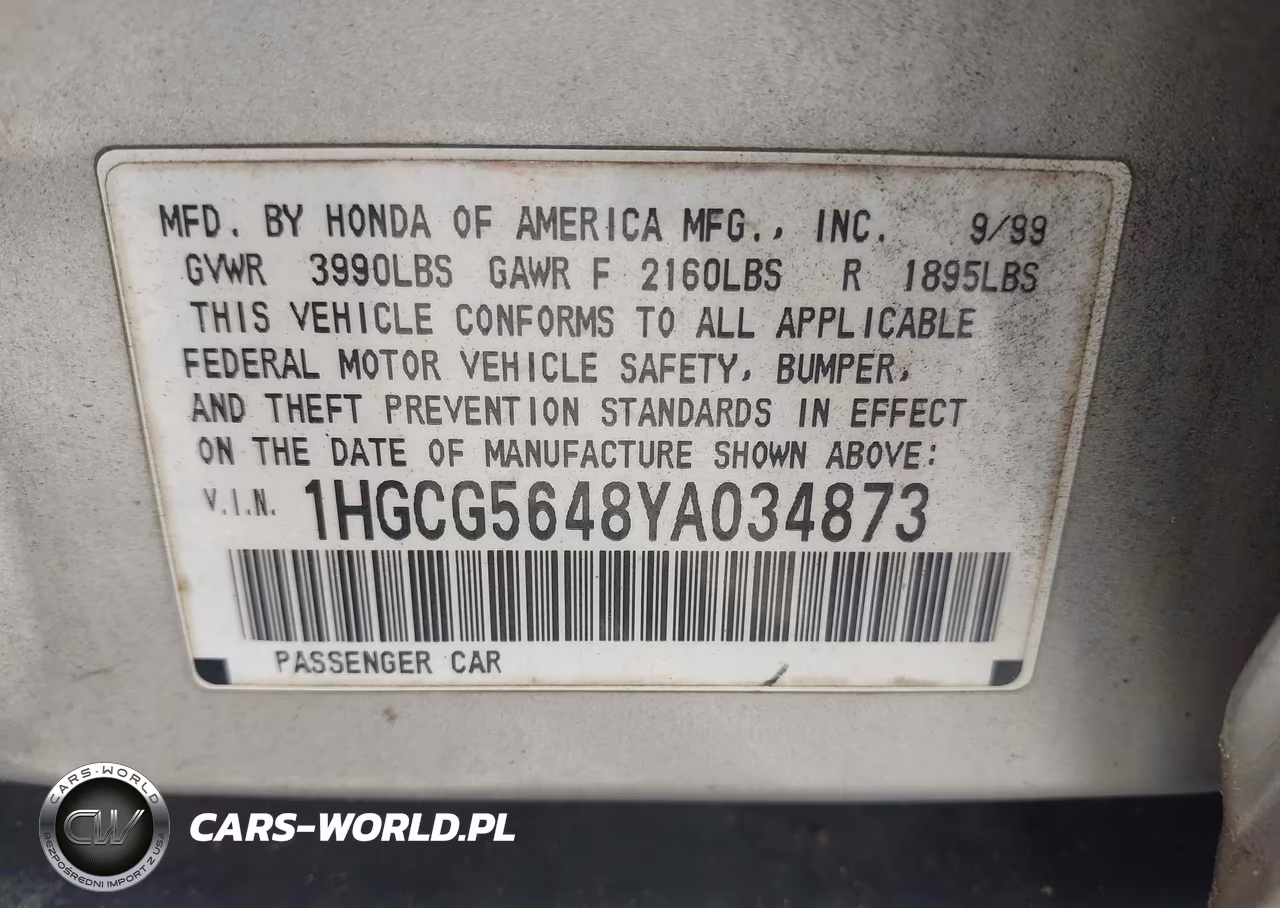 2000 Honda Accord 2.3 Lx VIN:1HGCG5648YA034873 - 9