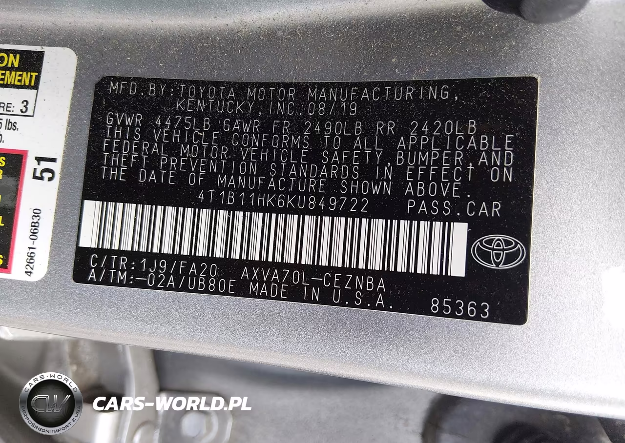 2019 Toyota Camry Le VIN:4T1B11HK6KU849722 - 9