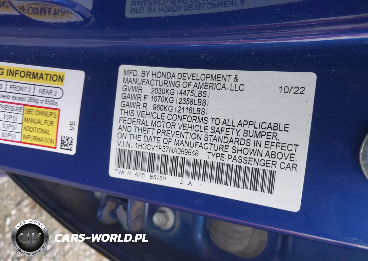 2022 Honda Accord Sport VIN:1HGCV1F37NA089848 - 9