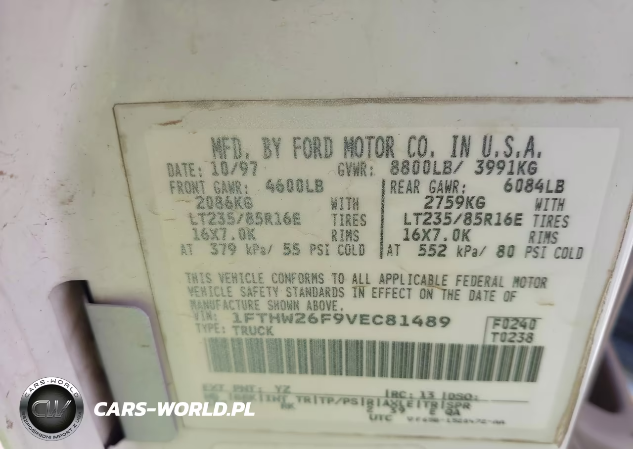 1997 Ford F-250 Xl VIN:1FTHW26F9VEC81489 - 9