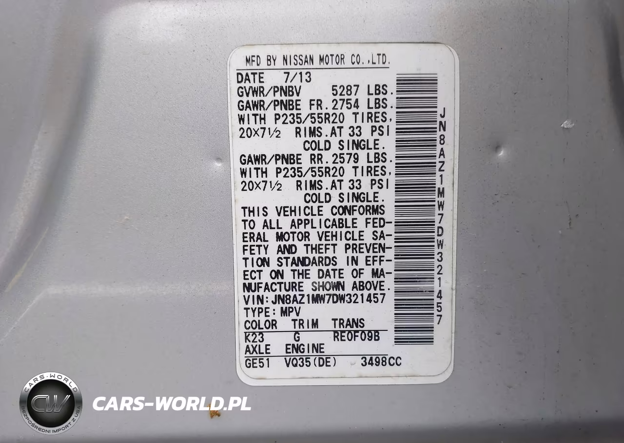 2013 Nissan Murano Le VIN:JN8AZ1MW7DW321457 - 9