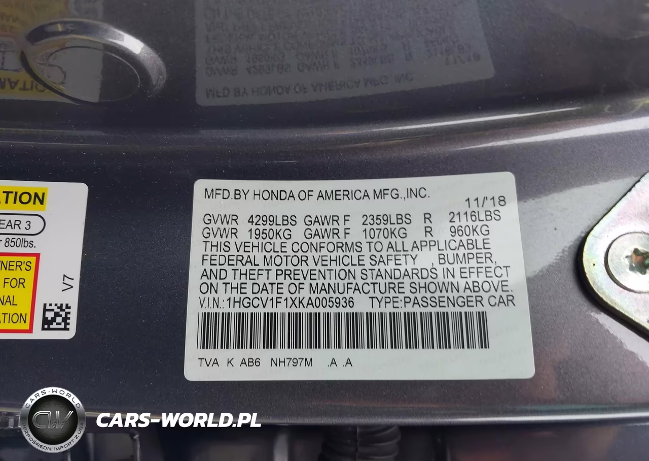 2019 Honda Accord Lx VIN:1HGCV1F1XKA005936 - 9