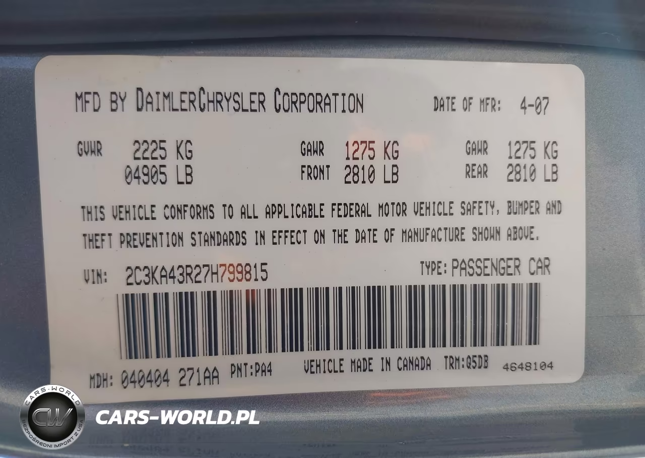 2007 Chrysler 300 VIN:2C3KA43R27H799815 - 9