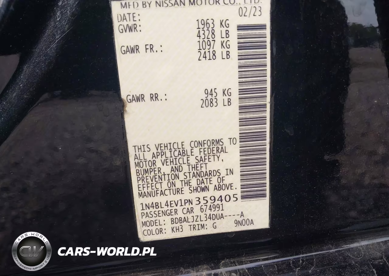 2023 Nissan Altima Sl Fwd VIN:1N4BL4EV1PN359405 - 9