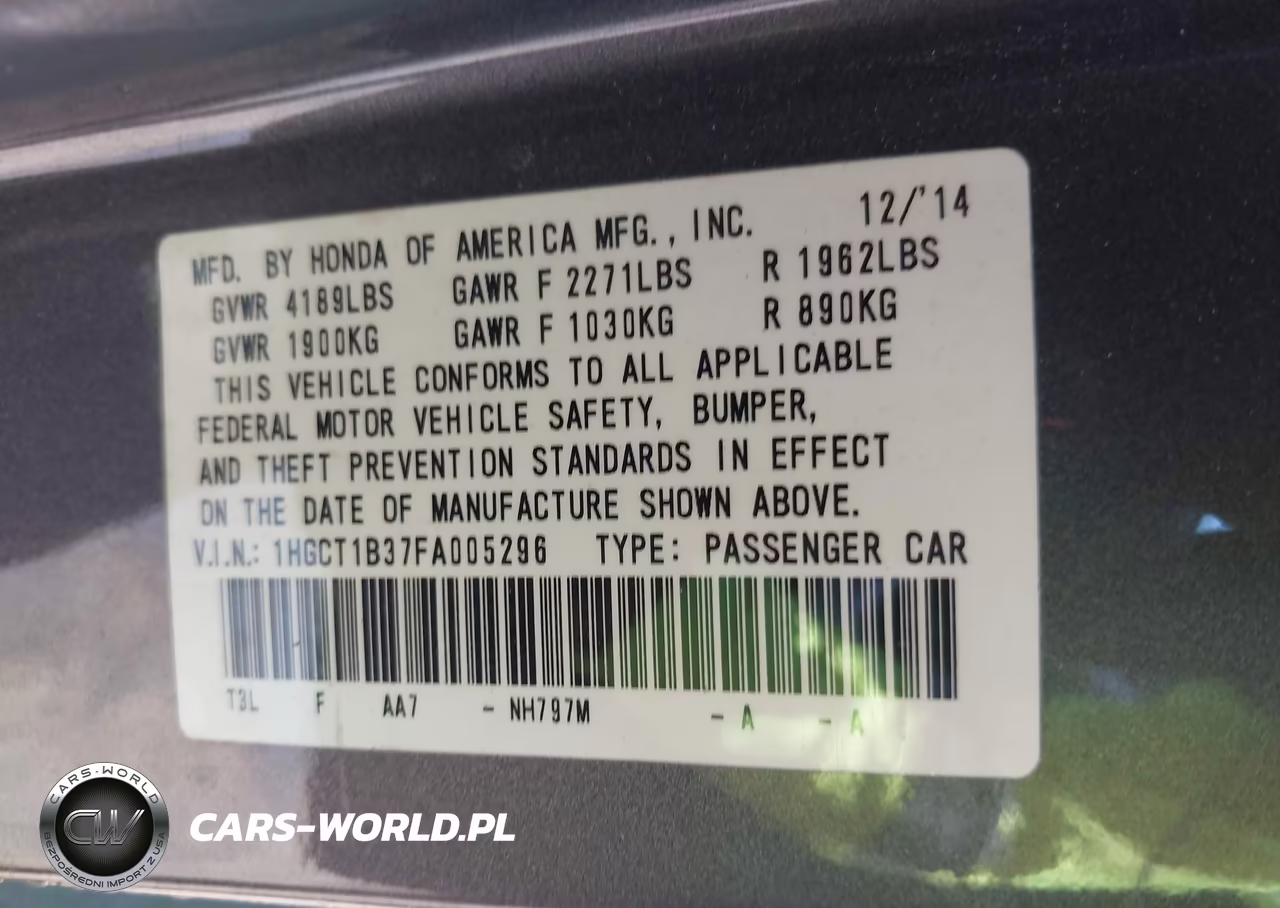 2015 Honda Accord Lx-S VIN:1HGCT1B37FA005296 - 9
