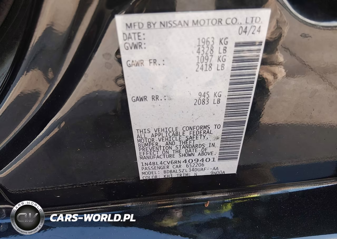 2024 Nissan Altima Sr Fwd VIN:1N4BL4CV6RN409401 - 9