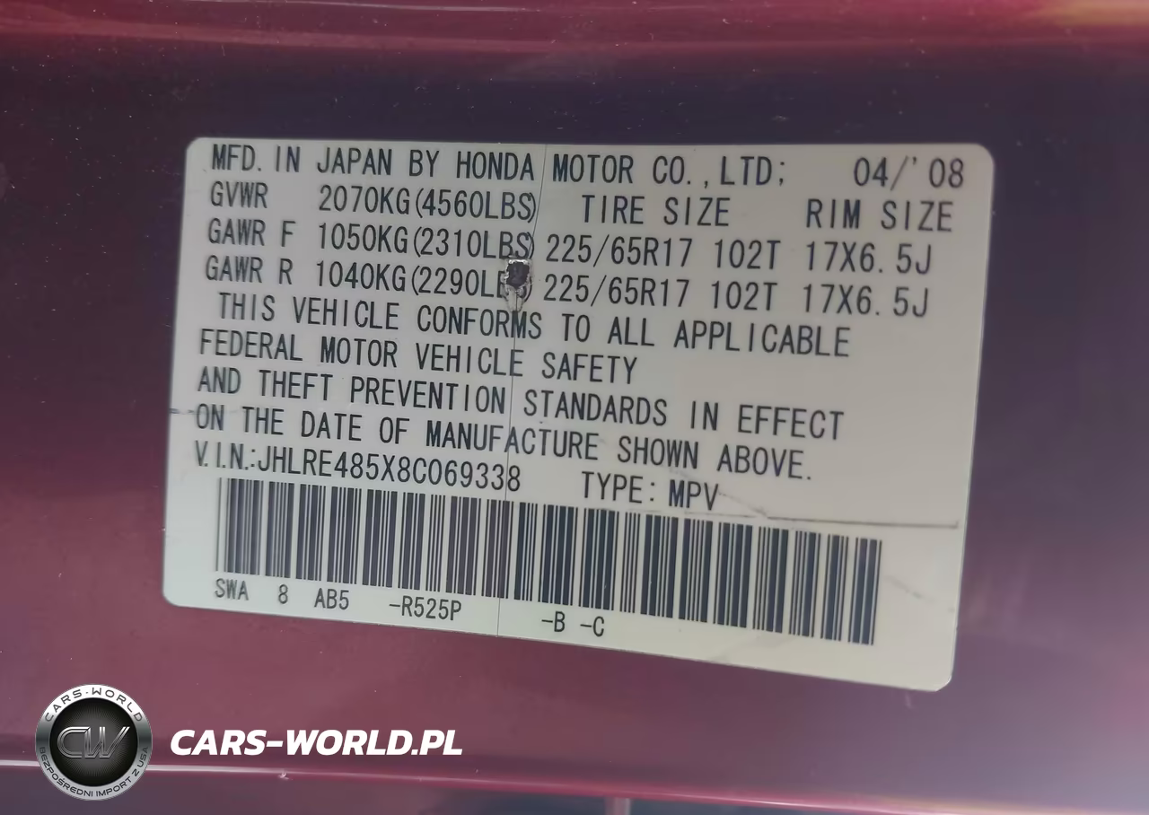 2008 Honda Cr-V Ex VIN:JHLRE485X8C069338 - 9