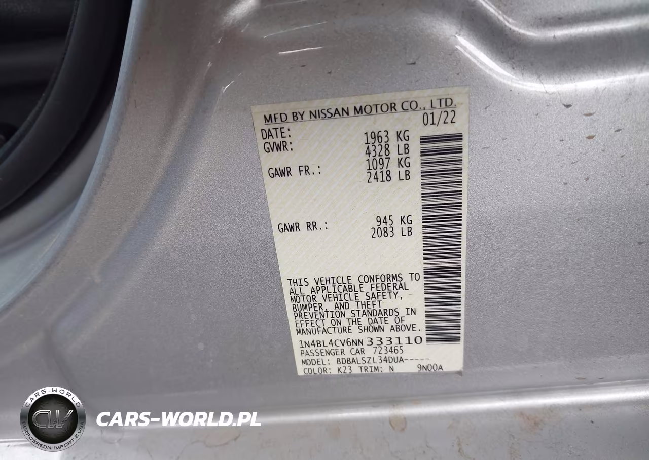 2022 Nissan Altima Sr Fwd VIN:1N4BL4CV6NN333110 - 9