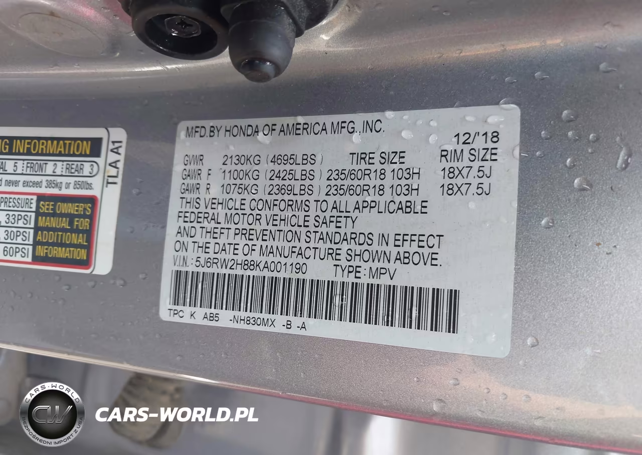 2019 Honda Cr-V Ex-L VIN:5J6RW2H88KA001190 - 9