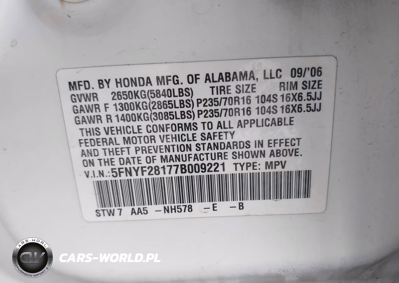 2007 Honda Pilot Lx VIN:5FNYF28177B009221 - 9