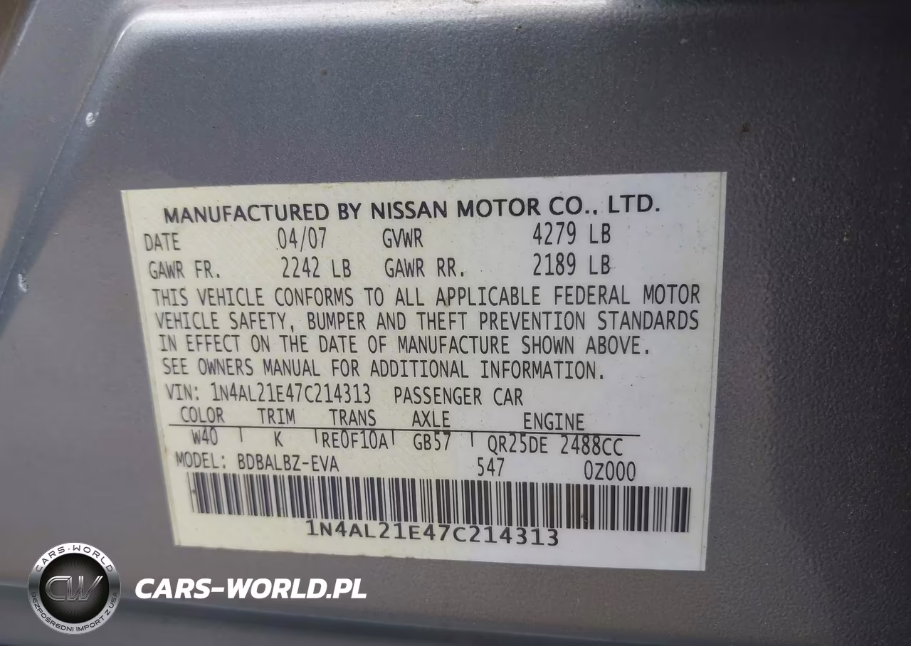 2007 Nissan Altima 2.5 S VIN:1N4AL21E47C214313 - 9