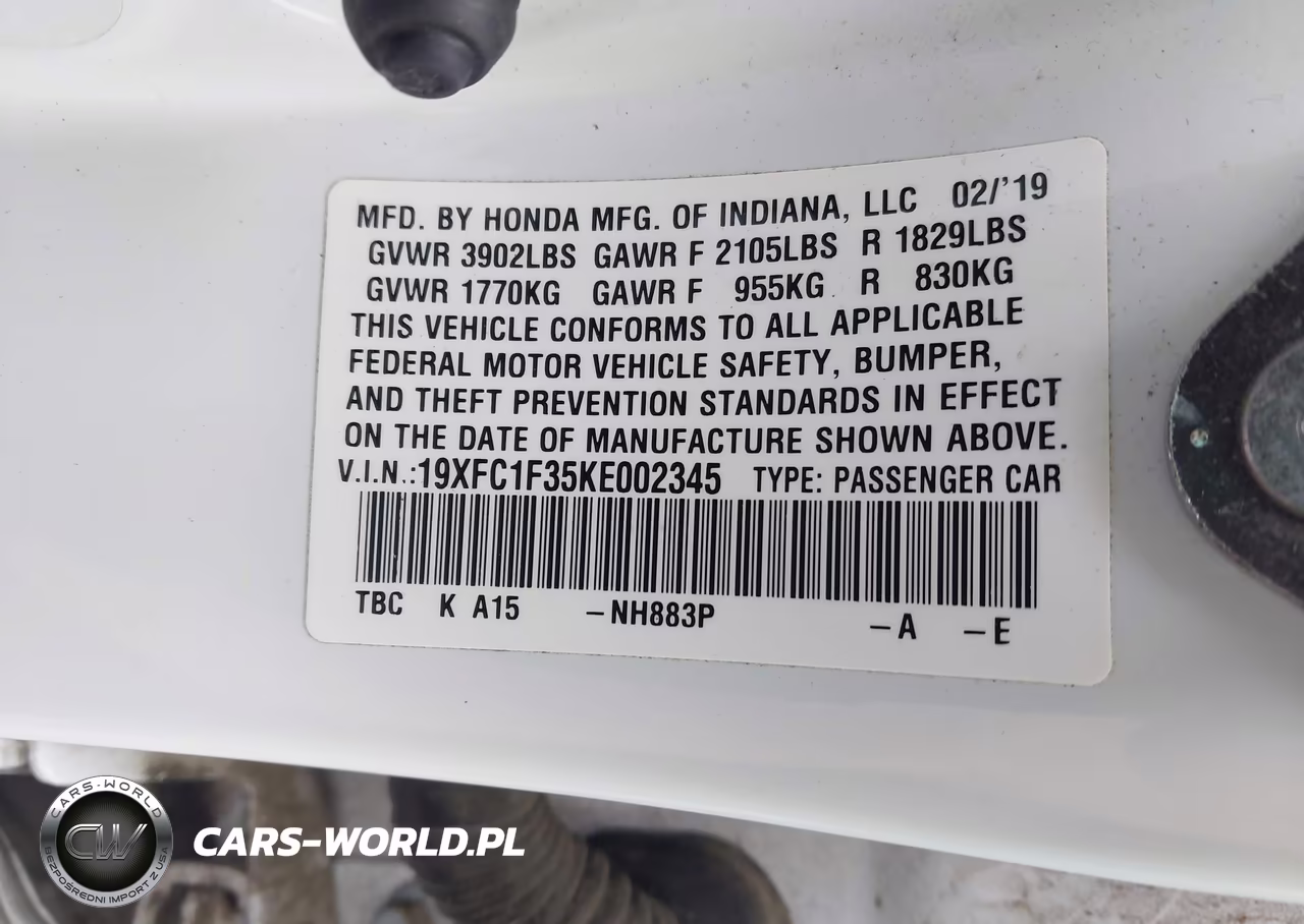 2019 Honda Civic Ex VIN:19XFC1F35KE002345 - 9