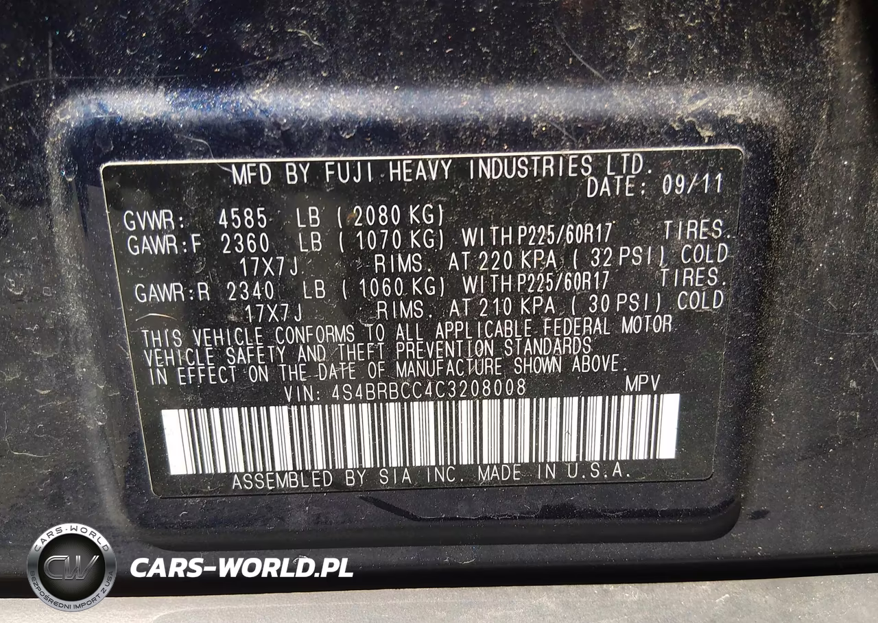 2012 Subaru Outback 2.5I Premium VIN:4S4BRBCC4C3208008 - 9