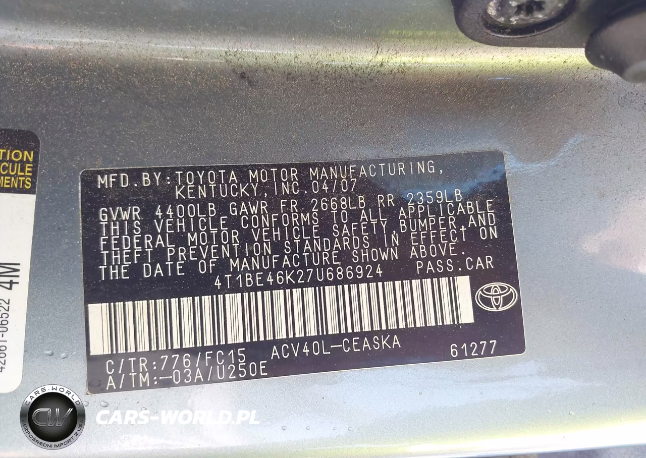 2007 Toyota Camry Se VIN:4T1BE46K27U686924 - 9