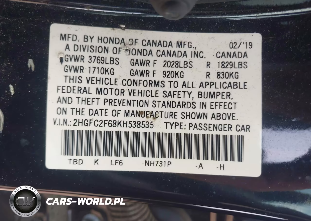 2019 Honda Civic Lx VIN:2HGFC2F68KH538535 - 9
