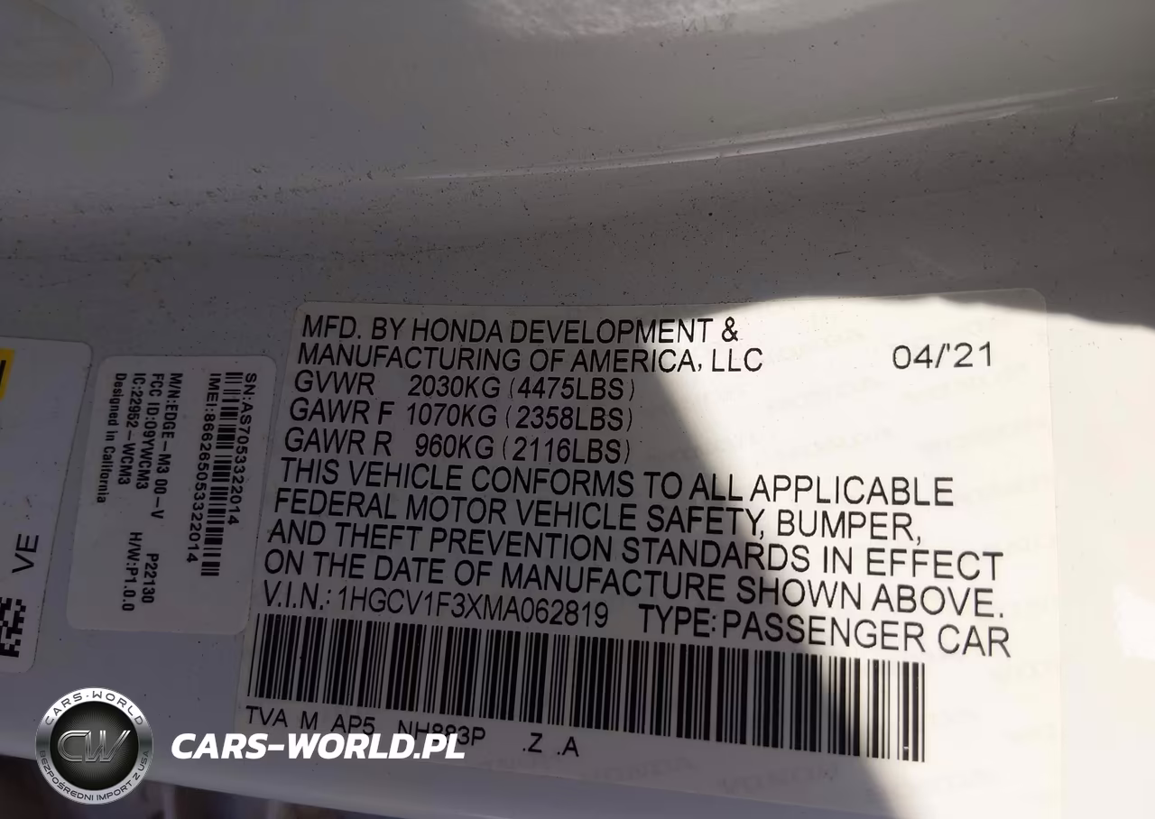 2021 Honda Accord Sport VIN:1HGCV1F3XMA062819 - 9