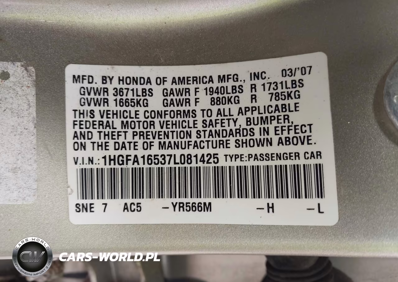 2007 Honda Civic Lx VIN:1HGFA16537L081425 - 9
