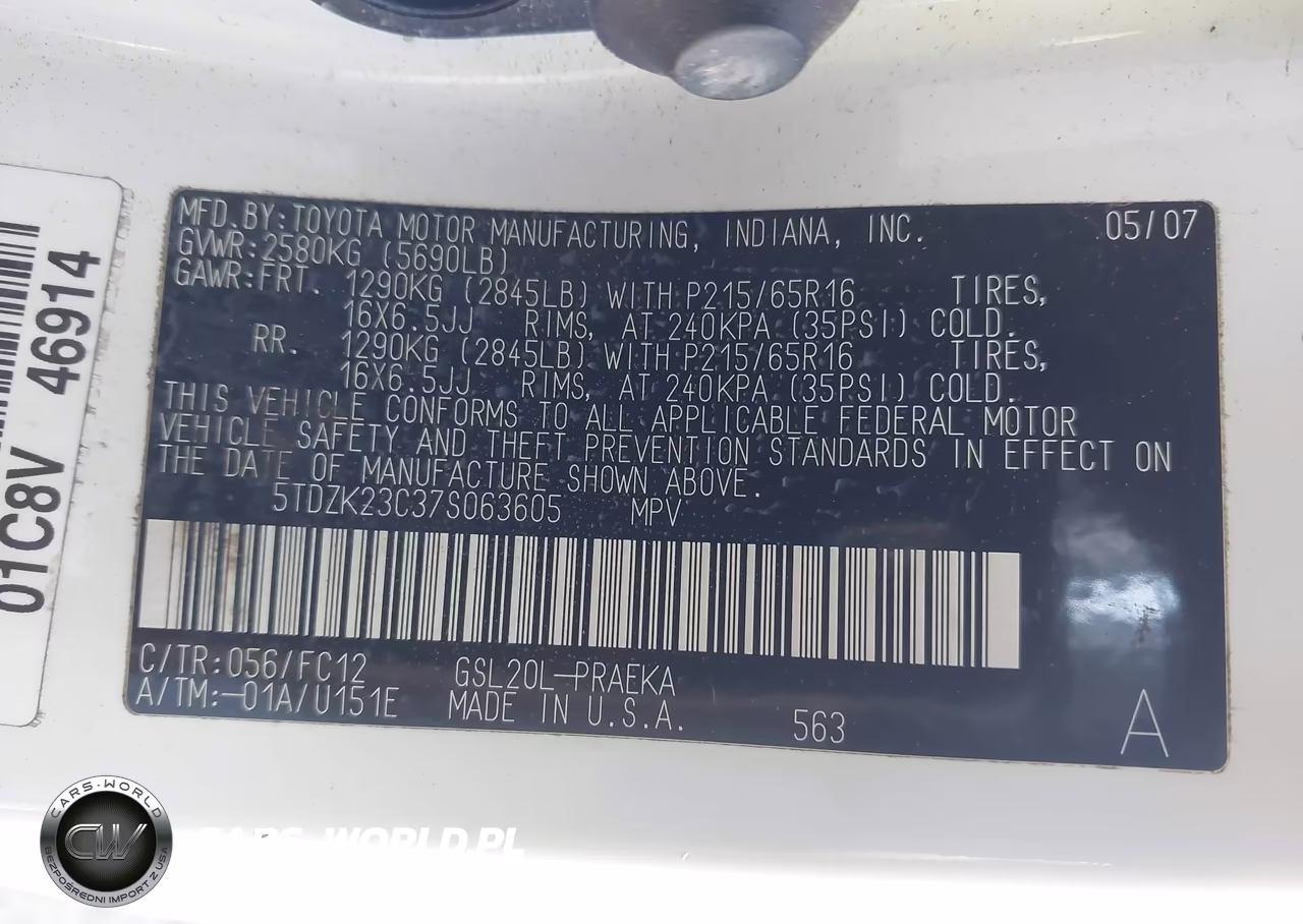 2007 Toyota Sienna Le VIN:5TDZK23C37S063605 - 9